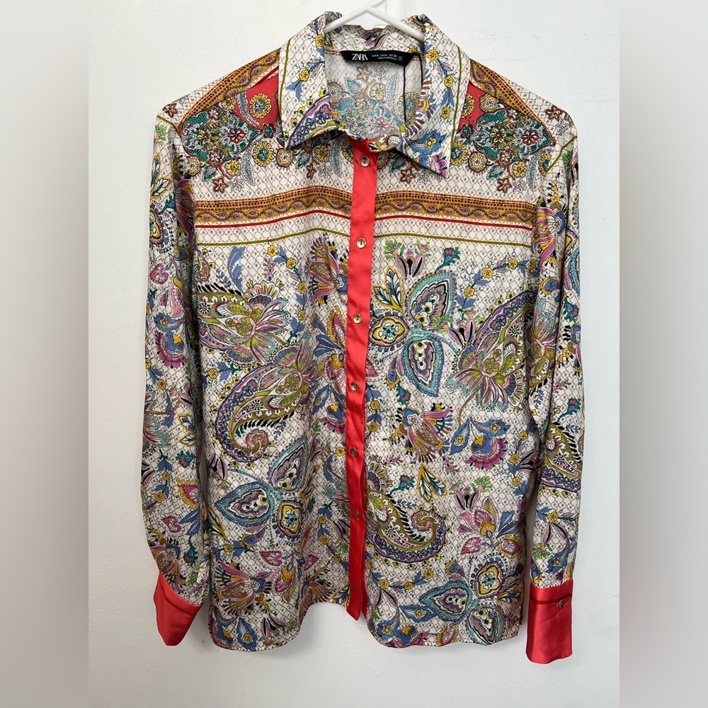 Zara Multicolor Paisley Button-Down Shirt with Red Trim